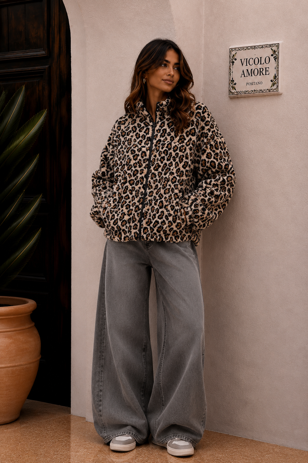 Leo Teddy Jacke Damen beige schwarz