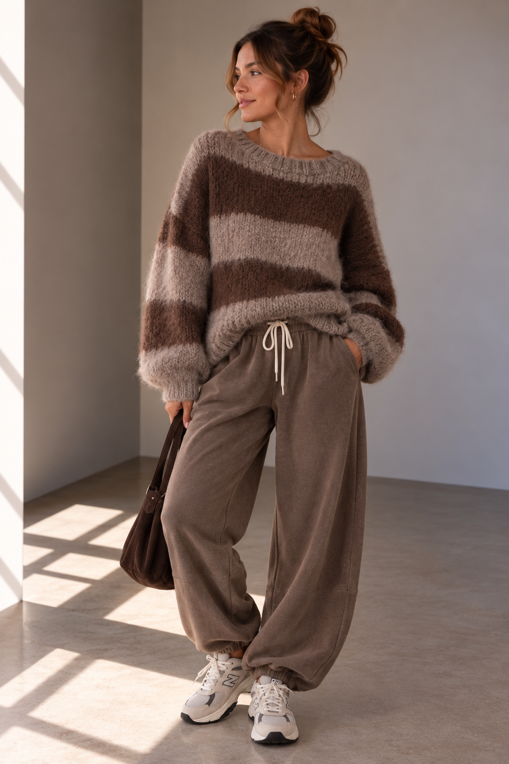 Strickpulli Taupe gestreift Damen