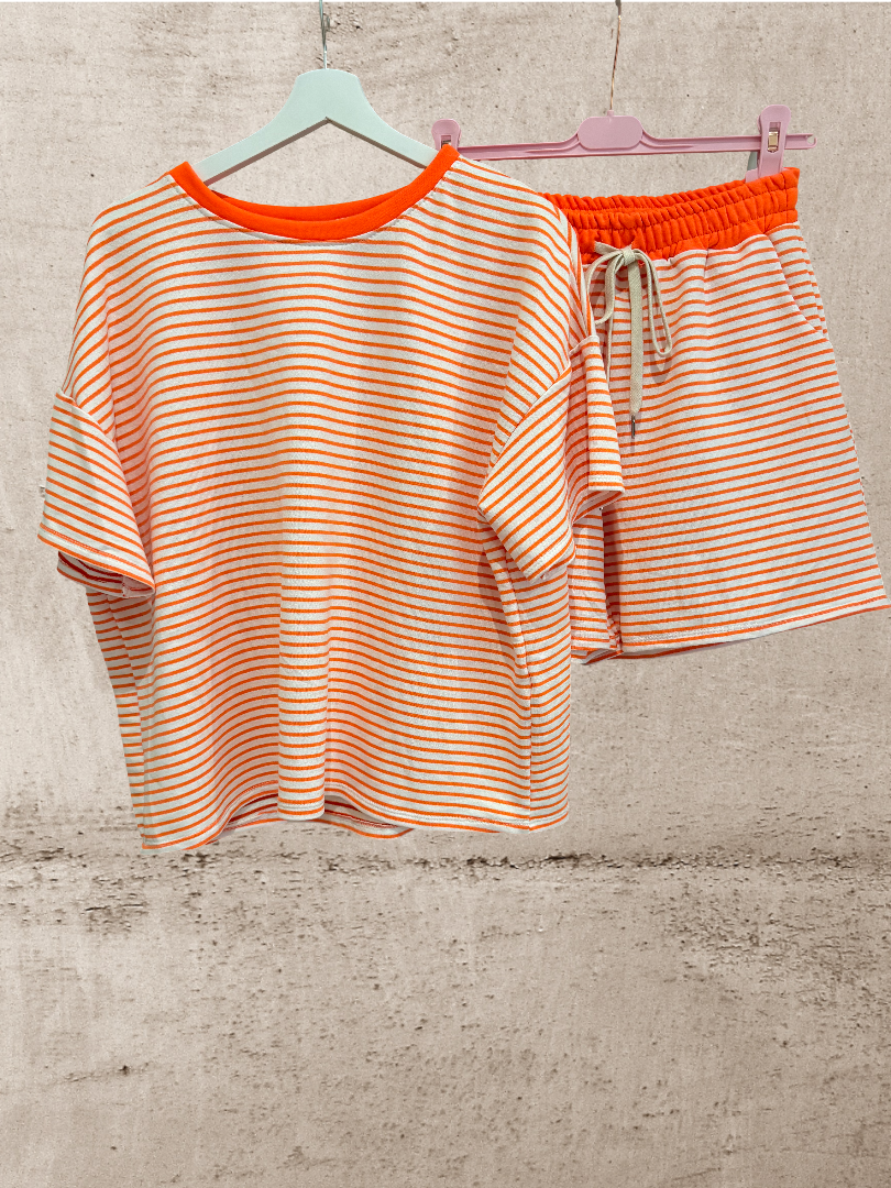 Set Damen Neon gestreift weiß orange Blogger Style