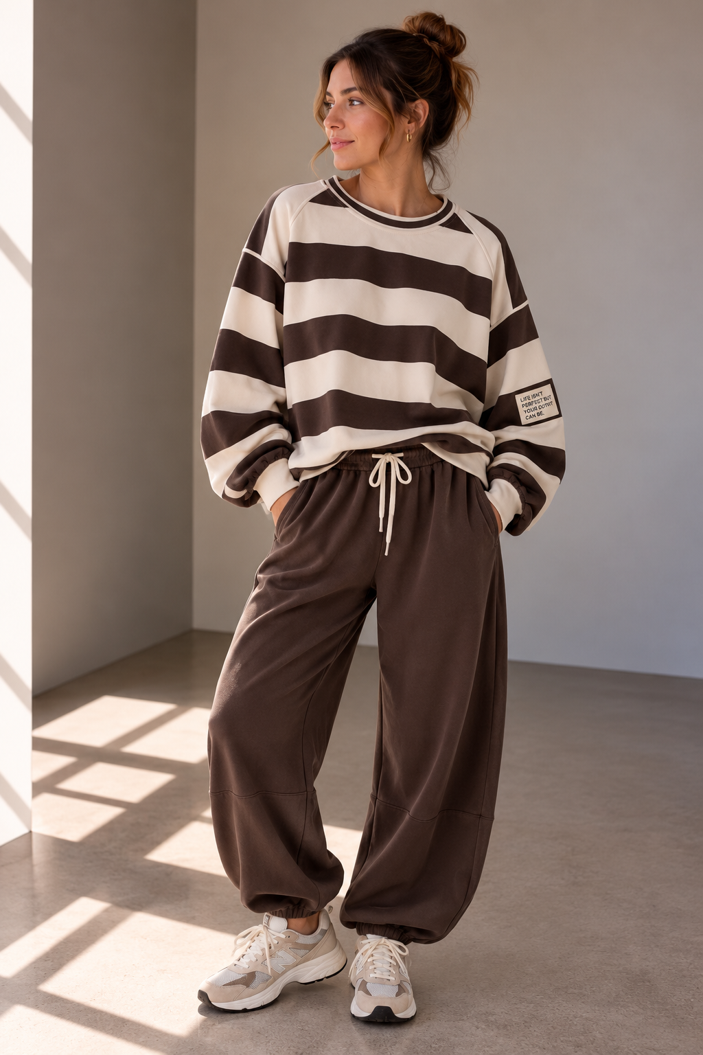 Oversize Sweater Damen weiß braun Baumwolle