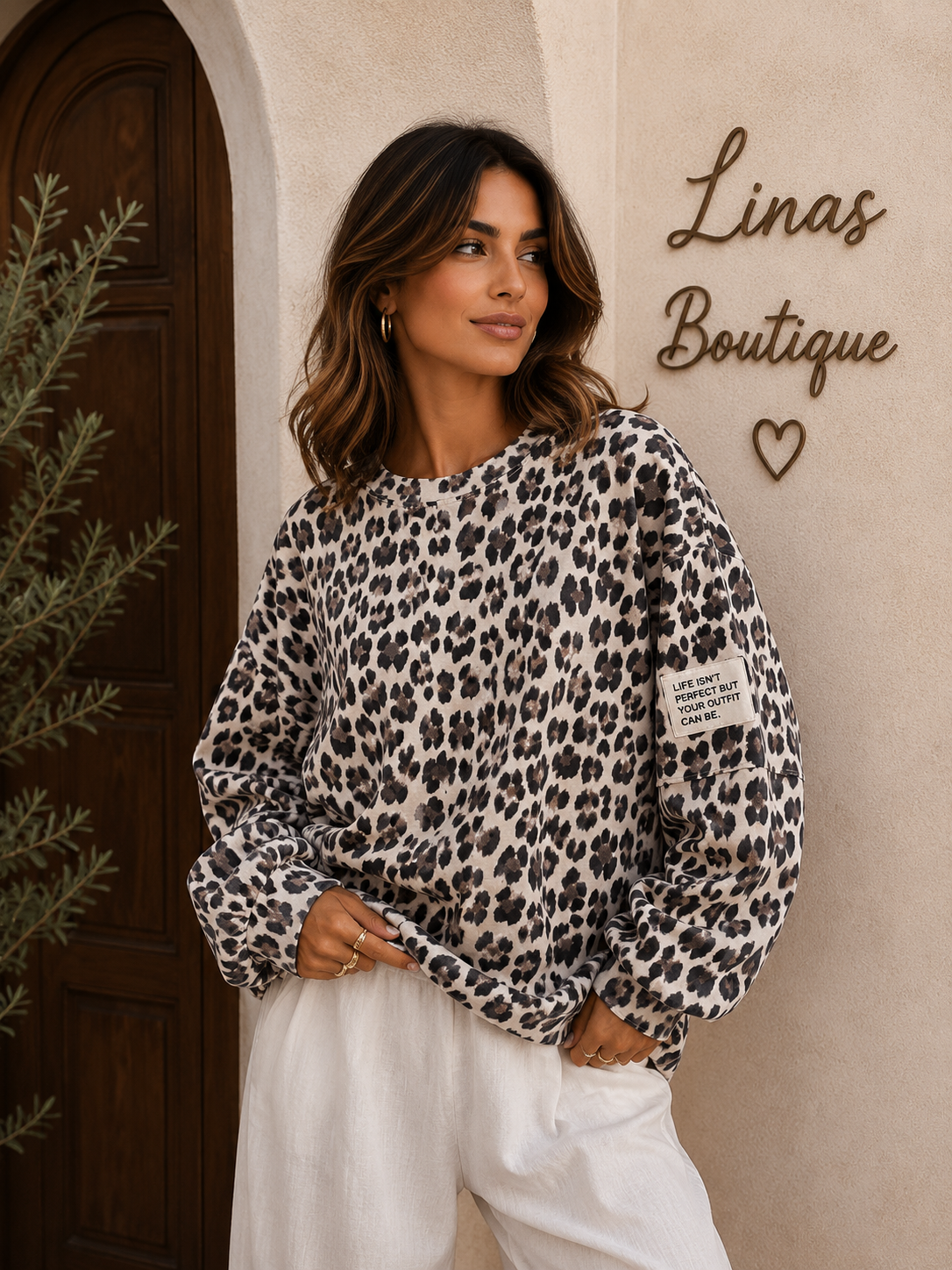 Oversize Leo Sweater Creme grau schwarz