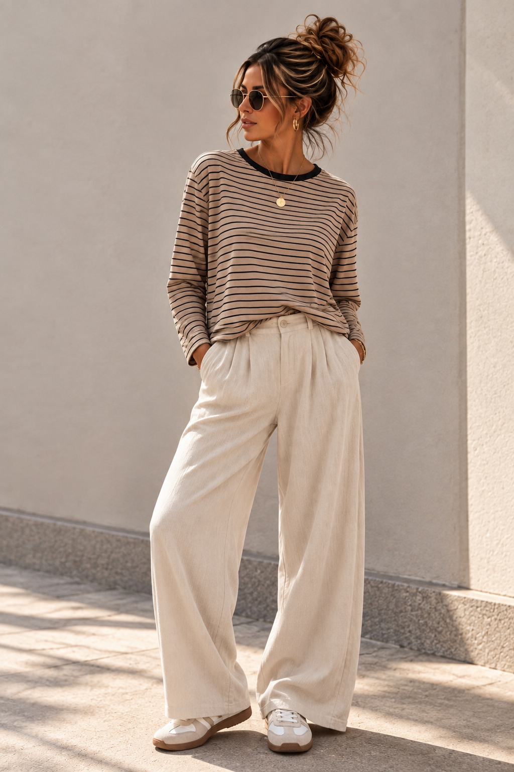 Oversize Shirt beige Basic gestreift