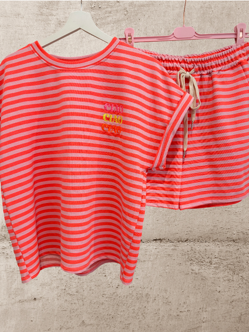 Damen Set Tshirt Shorts Neon Koralle Blogger Style