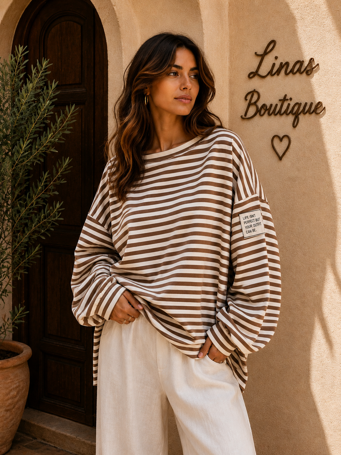 Oversize Sweater gestreift braun  weiß Damen Blogger