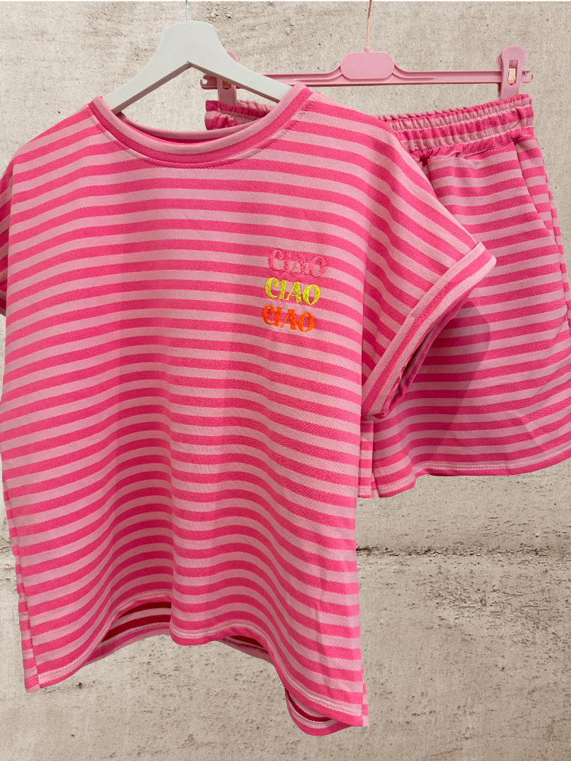 Damen Set rosa pink gestreift Blogger Style