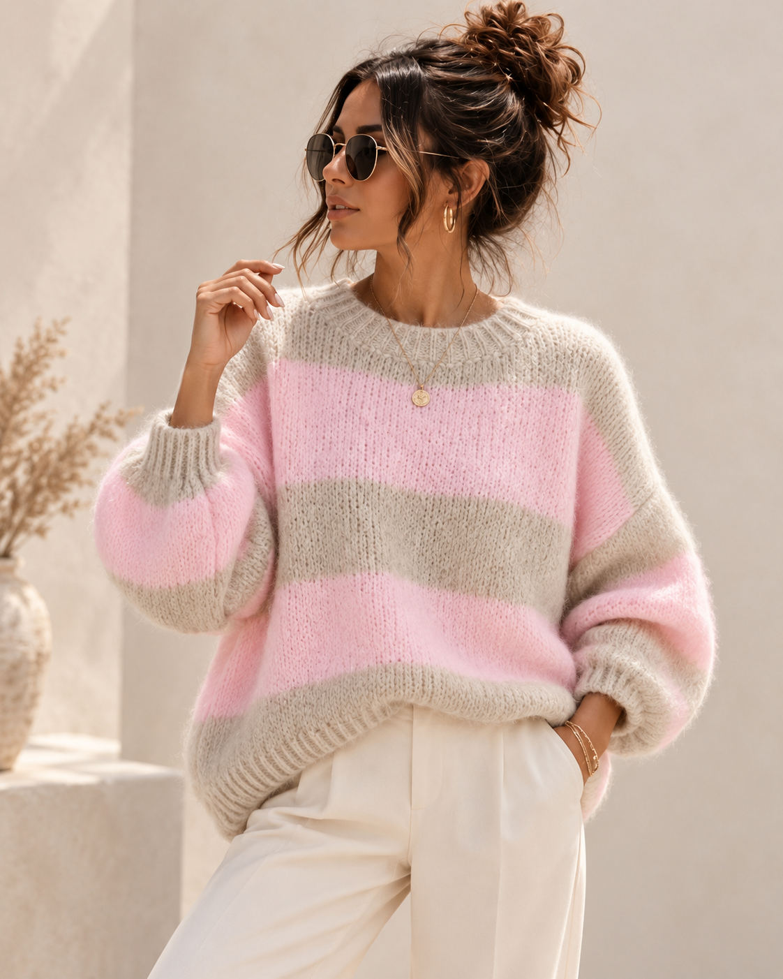 Strickpulli rosa beige Damen kurze Ärmel