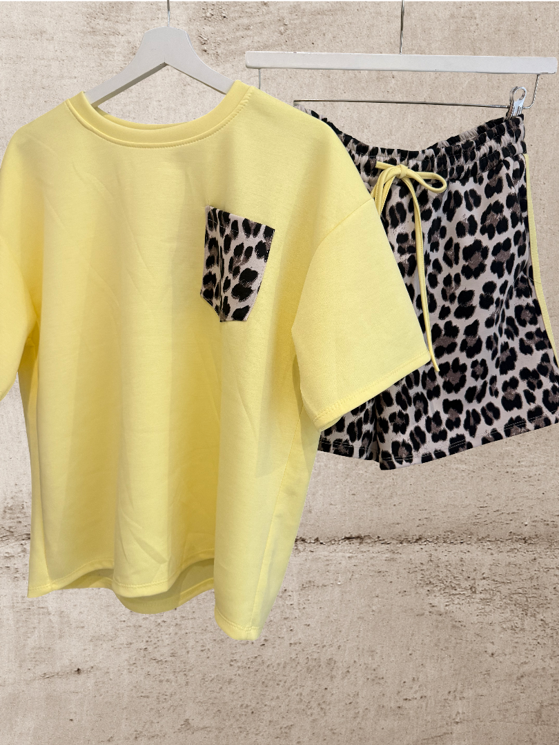 Leo Set Damen gelb Tshirt Shorts Blogger Style