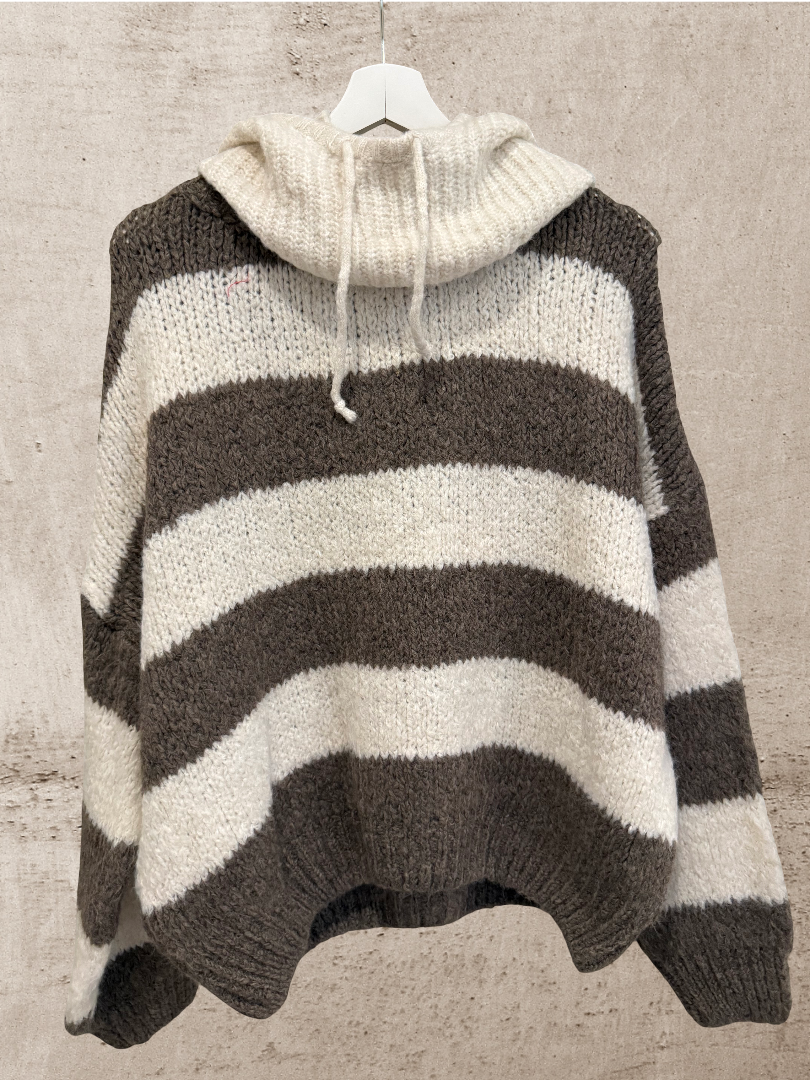 Gestreifter Strickpulli Damen Blogger Look Taupe weiß