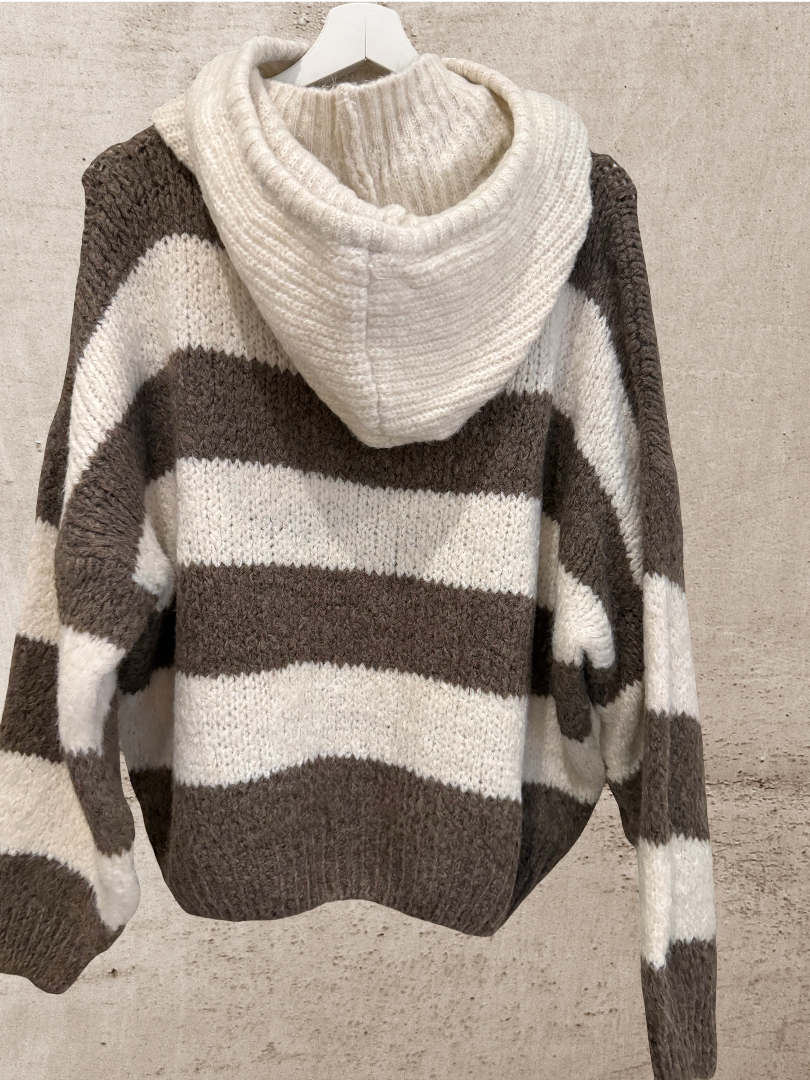 Gestreifter Strickpulli Damen Blogger Look Taupe weiß