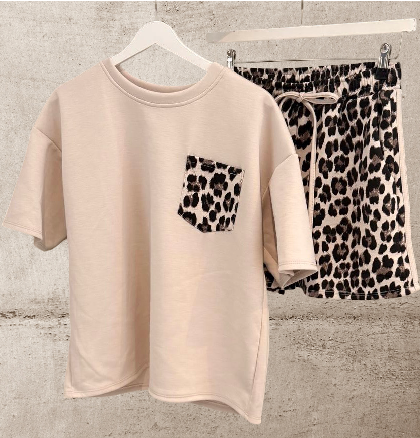 Leo Set Damen beige Blogger Style Tshirt Shorts