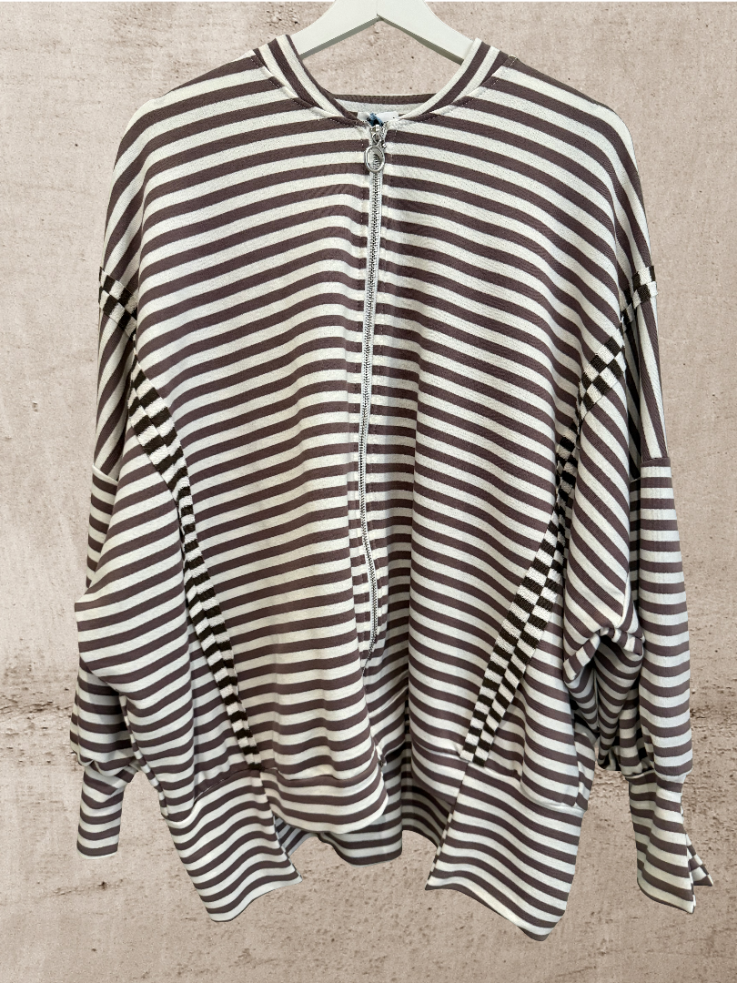 Oversize Zipper Sweater Damen weiß Taupe gestreift Blogger Style