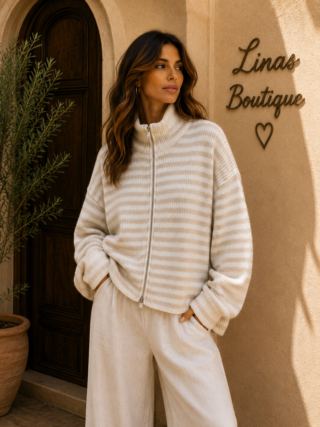 Strickjacke cardigan toller Damen creme beige