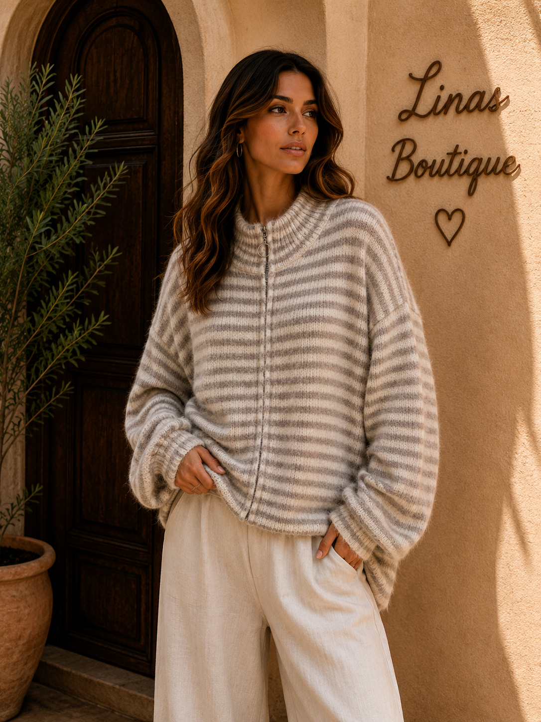Strickjacke beige gestreift Oversize Blogger
