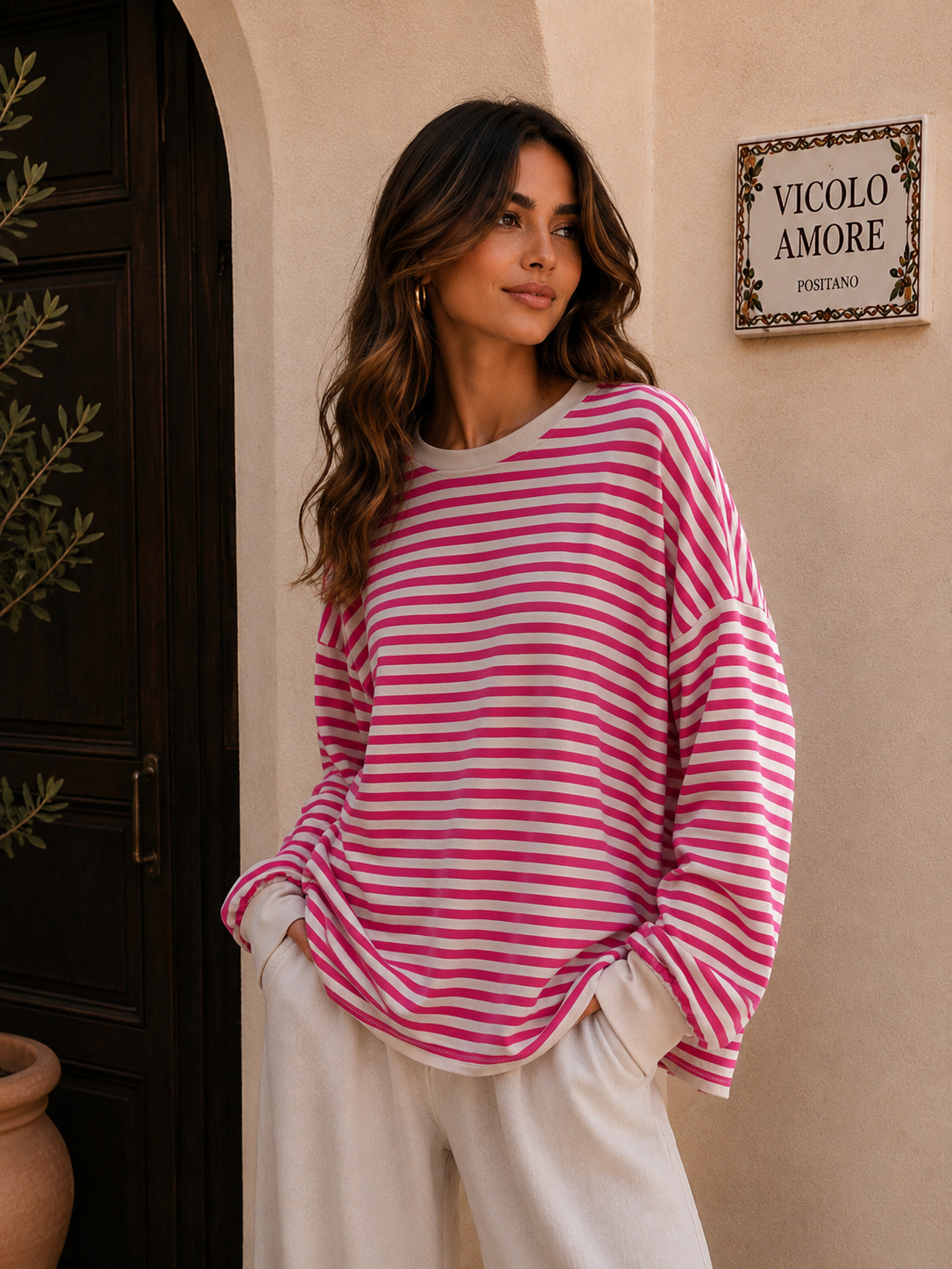 Oversize Sweater Creme pink Damen Blogger gestreift