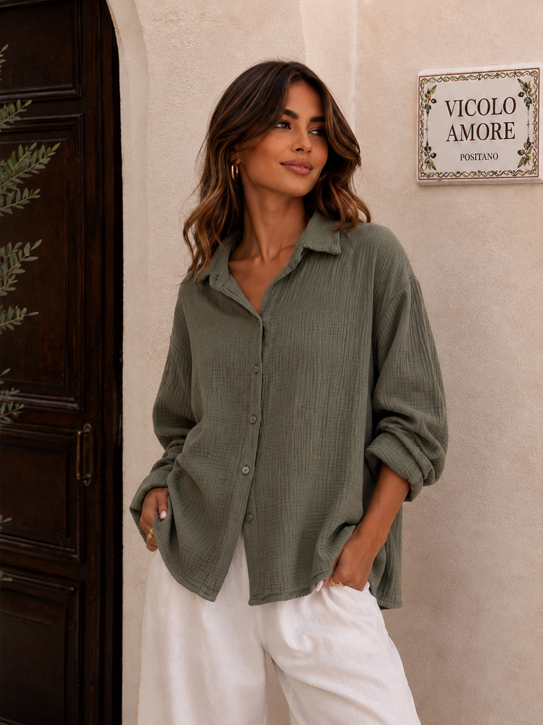 Musselin bluse Khaki Damen Blogger Style