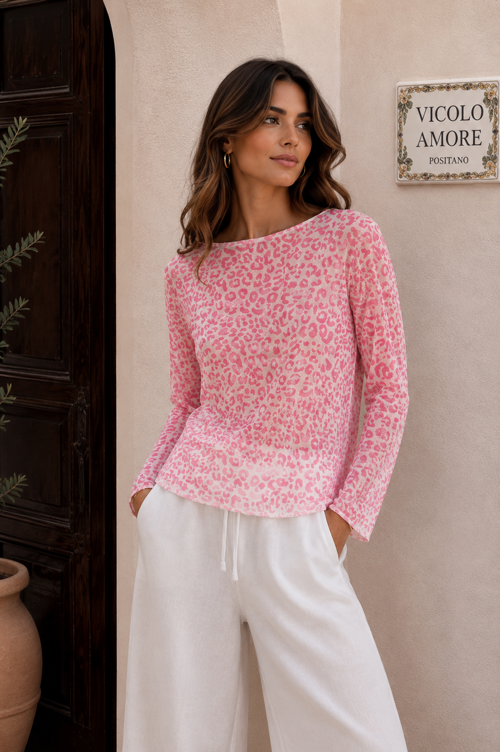 Leo Mesh Oberteil Damen rosa weiß Blogger