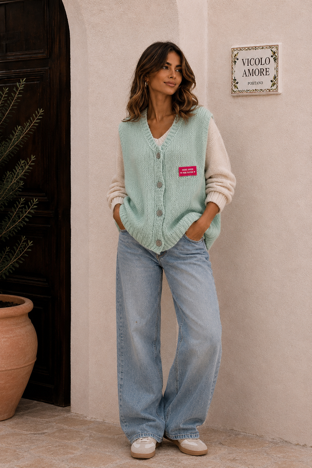 Oversize Strickweste Türkis grün Blogger