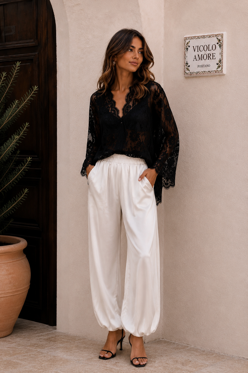 Ballon Hose weiß Satin Look Blogger Damen
