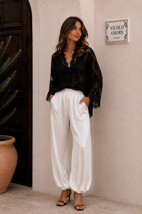 Ballon Hose weiß Satin Look Blogger Damen