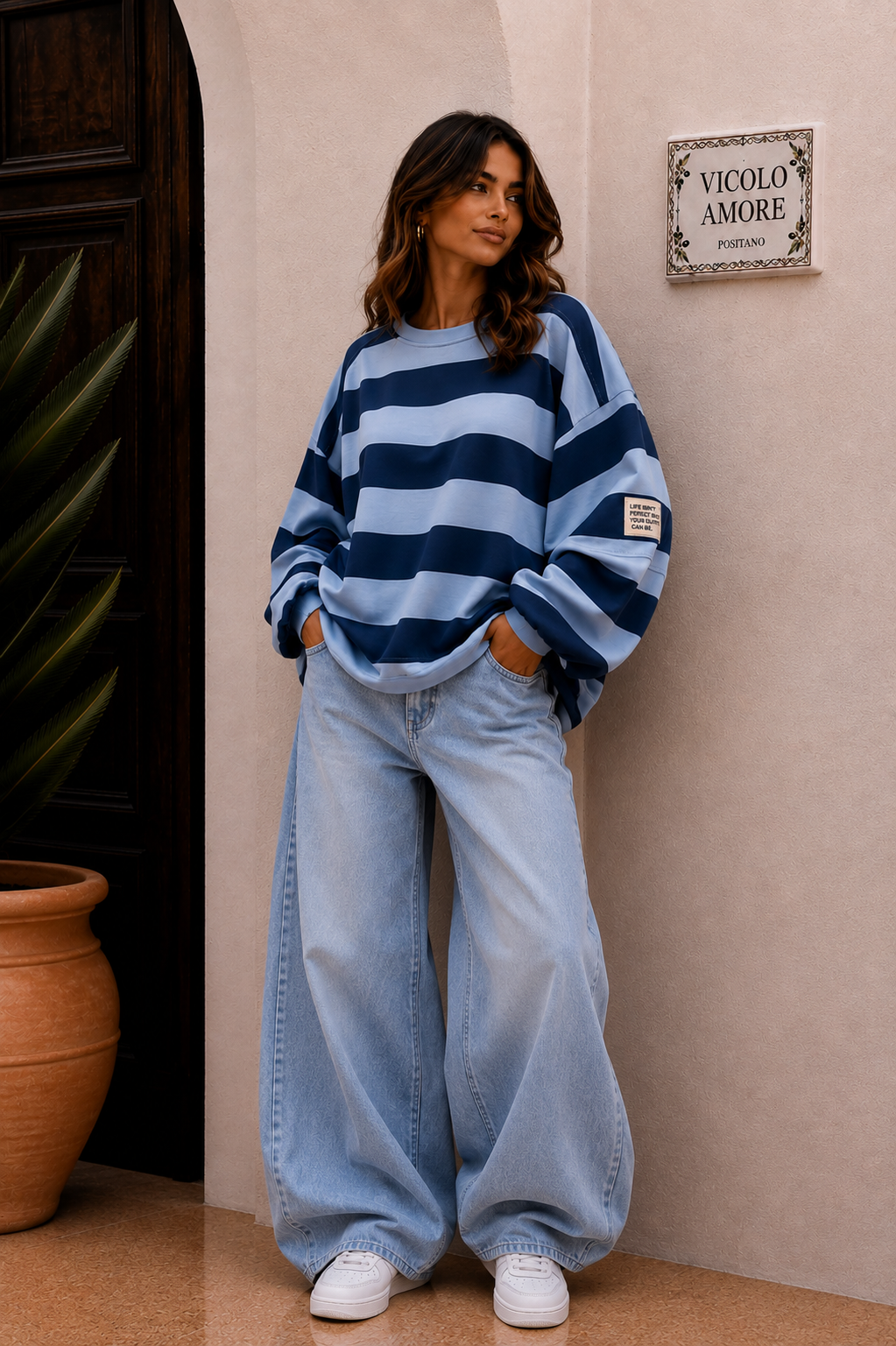 Oversize Sweater hellblau blau gestreift Blogger