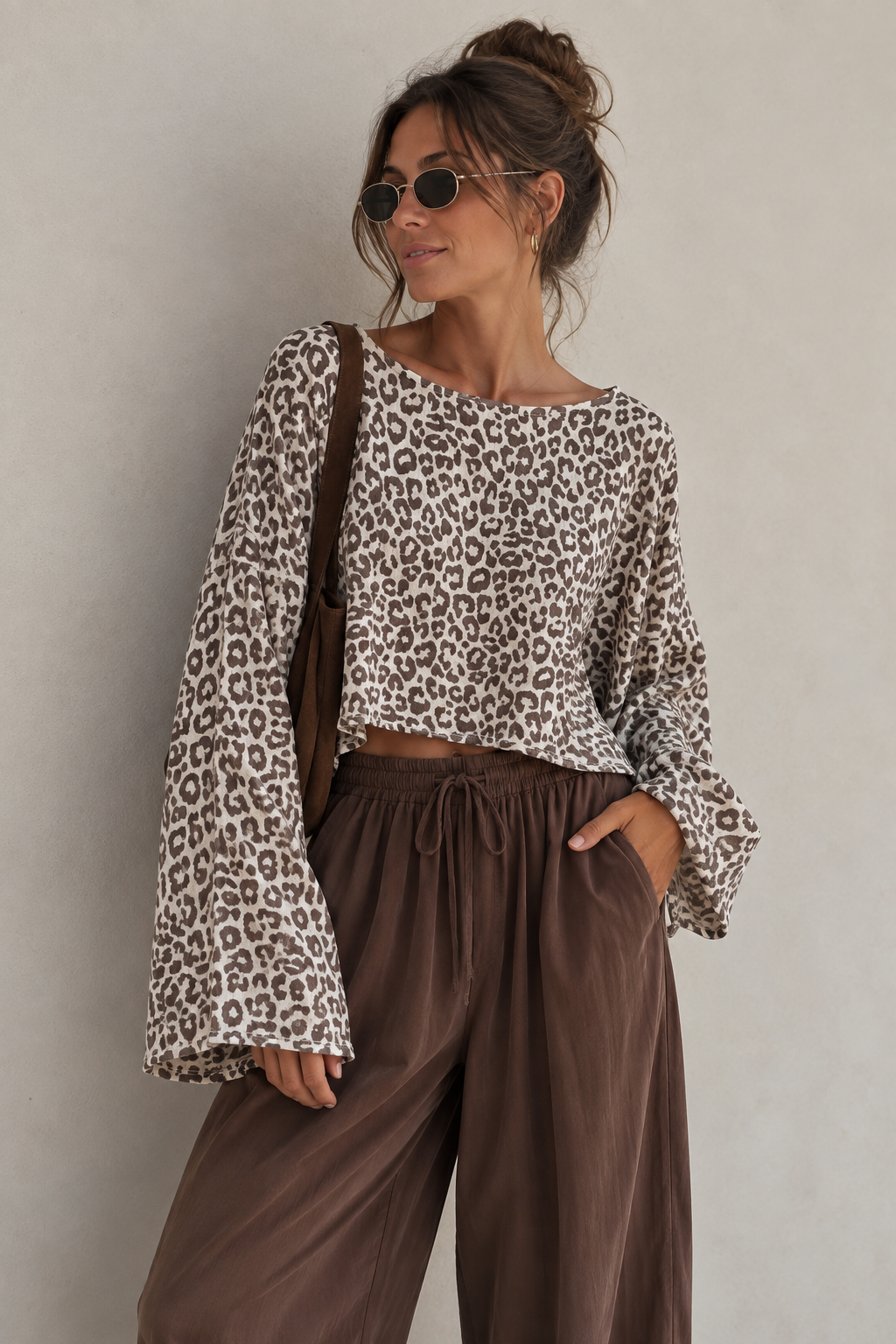Leo musselin Oberteil Creme braun Damen