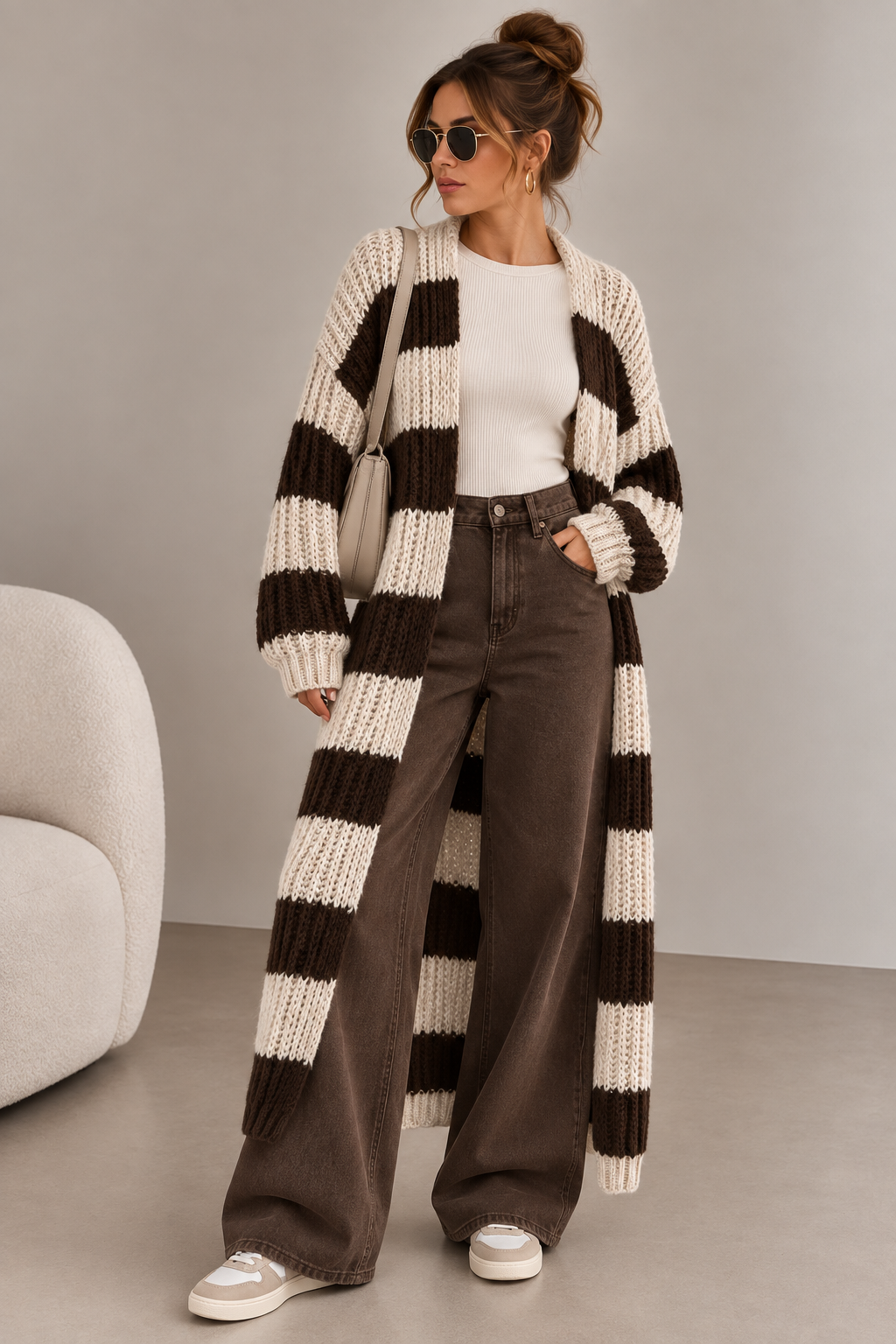 Oversize Cardigan lang Creme braun Damen