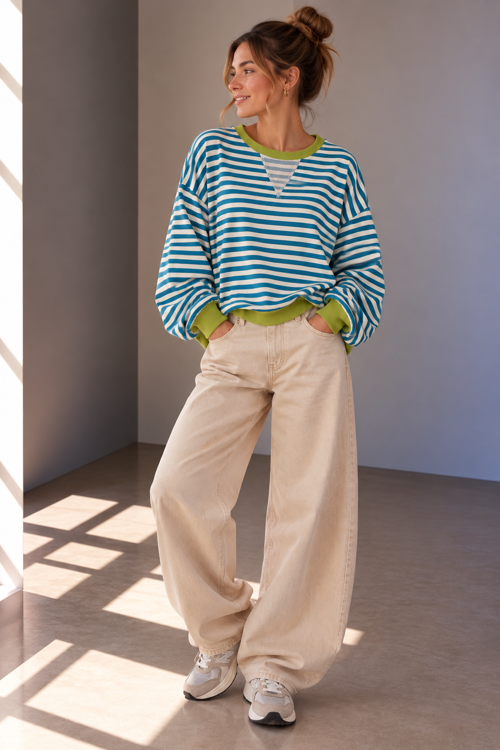 Basic Sweater 95 % Baumwolle hellblau weiß grün Damen